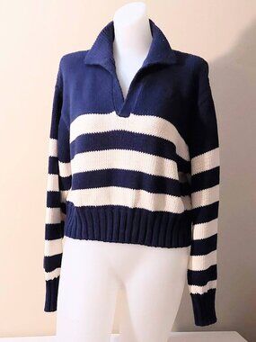 Ciao Lucia Venezia Navy and Ivory Striped Cotton Polo Sweater Size: S